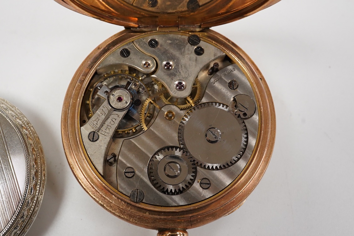 Two Waltham base metal keyless pocket watches including a dress pocket watch with Arabic dial and subsidiary seconds, together with a gold plated open faced keyless pocket watch and a base and gun metal 'Regulateur' open